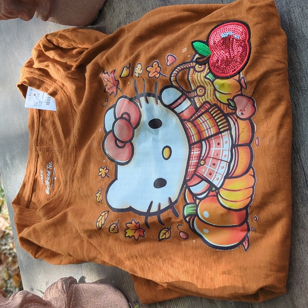 NWT 🍂 HELLO KITTY x J.CREW x PEACE GARDEN DESIGNS 🍂 FALL TEE 🍁 LS, SZ S 🍎